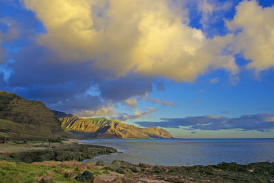 Scenic view of sea and mountains against sky