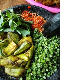 High angle view of vegetables in container