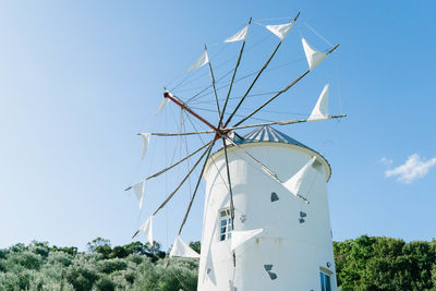 Low angle view of traditional windmill against sky