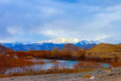 Scenic view of snowcapped mountains against sky