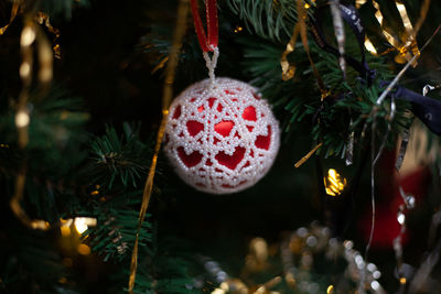 Close-up of christmas decoration hanging on tree