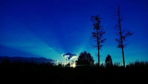 Silhouette trees on landscape against blue sky at night