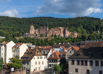 Buildings in town against cloudy sky