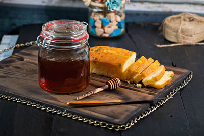 Close-up of ice cream in jar on table