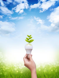 Digital composite image of hand holding light bulb with leaves against sky
