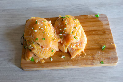 High angle view of food on cutting board