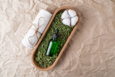 A green dropper bottle of face serum or natural oil lying on a moss