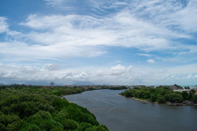 Scenic view of river amidst trees against sky