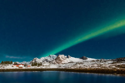 Scenic view of snowcapped mountains against sky at night