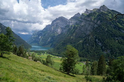 Panoramic view of trees and mountains against sky