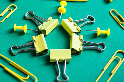 High angle view of objects on table