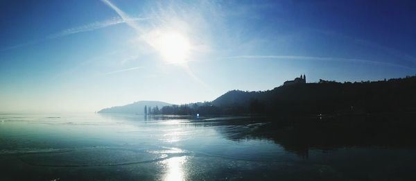 Panoramic view of sea and mountains against sky