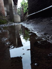 Reflection of building in puddle