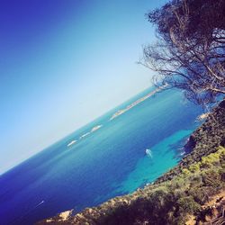 Scenic view of sea against clear blue sky