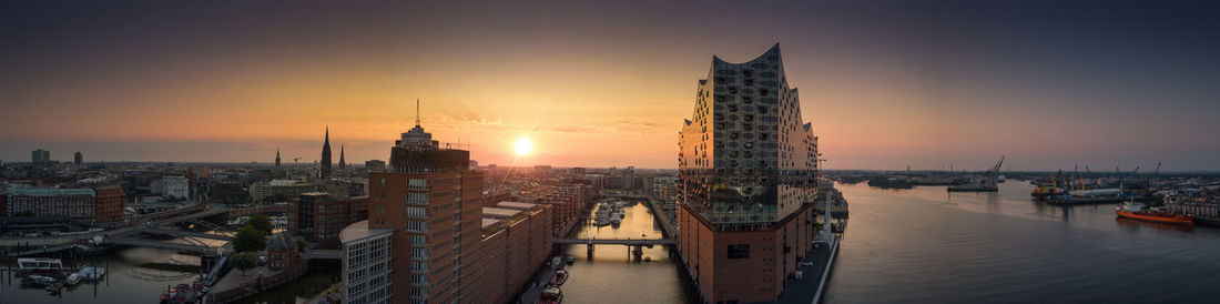 Panoramic view of buildings against sky during sunset