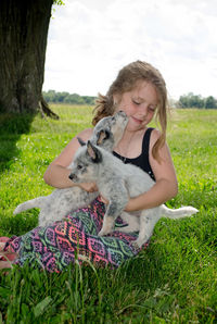 Puppies licking little girl as she happily hold the lively pair