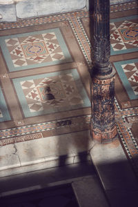 High angle view of carving on table at temple