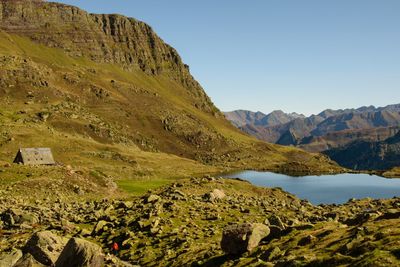 Scenic view of lake and mountains against clear sky