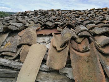 Low angle view of roof tiles against building