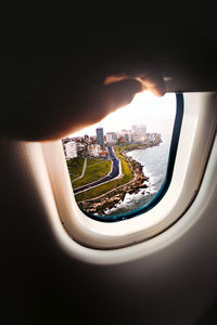 View of cityscape through airplane window