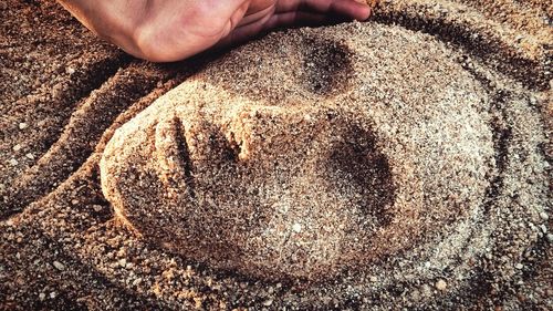 Cropped image of hand making sand art at beach
