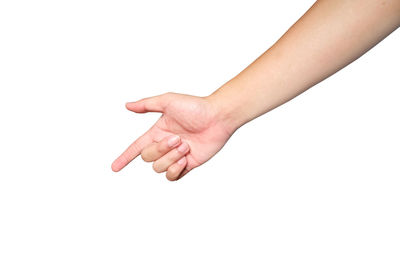 Close-up of human hand against white background