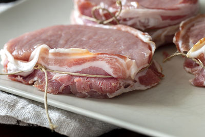 High angle view of meat in plate on table