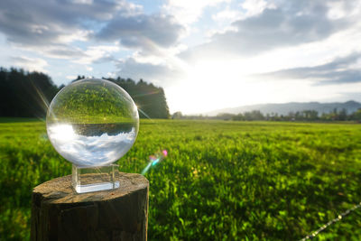 Crystal ball on wooden post on field against sky