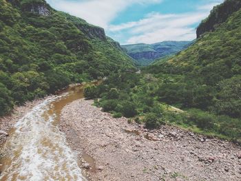 Scenic view of stream amidst trees and mountains against sky