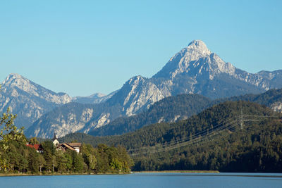 Scenic view of lake and mountains against clear sky