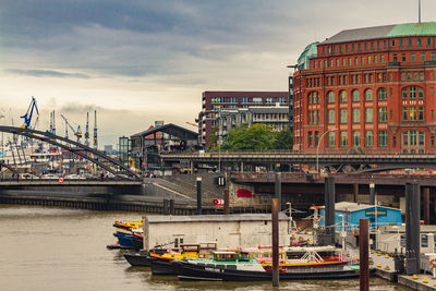 Bridge over river by buildings in city against sky