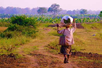 Rear view of a man walking on countryside landscape