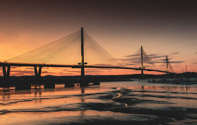 Silhouette suspension bridge against sky during sunset