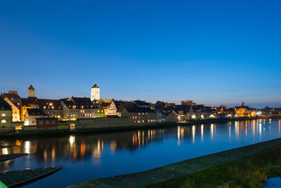 Illuminated buildings by river against blue sky at dusk