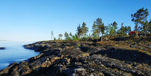 Scenic view of sea against clear blue sky