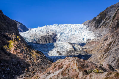 Scenic view of snowcapped mountains against clear sky