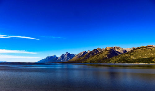 Scenic view of lake and mountains against clear blue sky