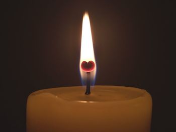 Close-up of lit candle in against black background