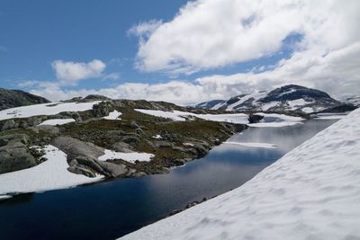 Scenic view of snow covered mountains against sky