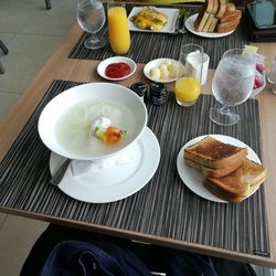 High angle view of breakfast on table