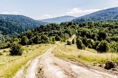 Road amidst trees and mountains against sky