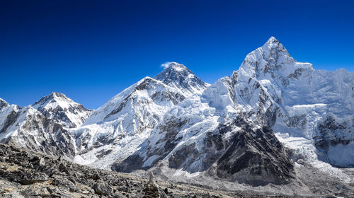 Panoramic view of nuptse and mount everest seen from the khumbu glacier