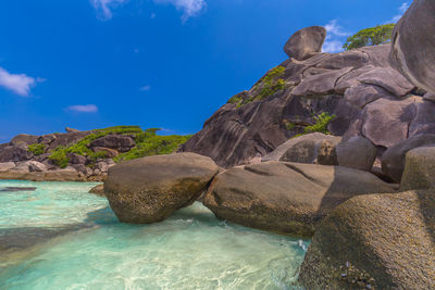 Rock formation by sea against blue sky