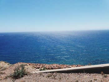 Scenic view of sea against clear blue sky