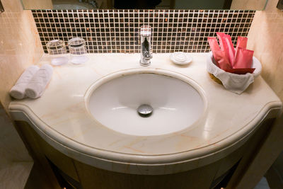 High angle view of faucet in bathroom