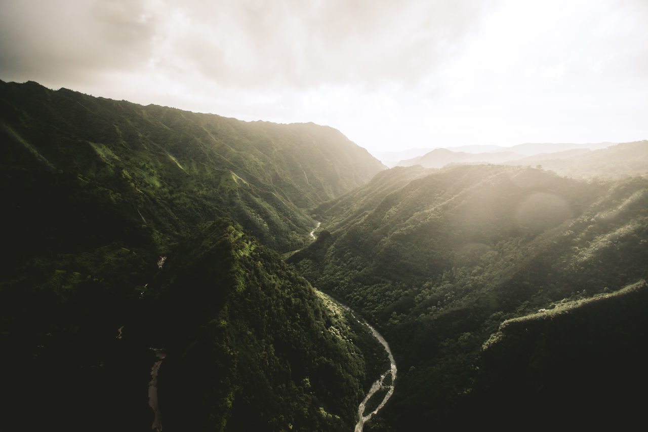 mountain, scenics - nature, beauty in nature, sky, tranquility, tranquil scene, environment, cloud - sky, mountain range, nature, landscape, non-urban scene, no people, tree, day, idyllic, plant, outdoors, green color, sunlight, mountain peak