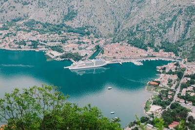 High angle view of sea and mountains