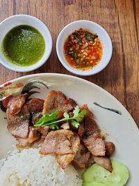 High angle view of meal served on table