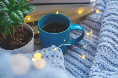 Close-up of coffee cup on table