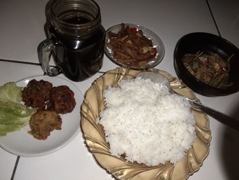 High angle view of meal served on table